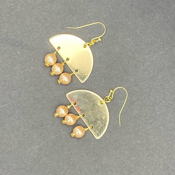 Hand Crafted Jewelry - HAND CRAFTED EARRINGS Gold Half Moon & Peach Pearl Dangle Drop NWT